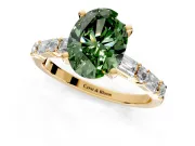 Baguette Engagement Ring Setting for Fancy Green Oval Center with Alternating Bar-Set Band and Prong Head in Yellow Gold