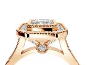 Halo Engagement Ring Setting for Emerald Cut Center with Milgrain Frame, Pave Band and Prong Head in Rose Gold
