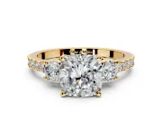 3 Stone Engagement Ring Setting for Cushion Cut Center with Round Cut Side Accents and Prong Head in Yellow Gold