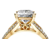 Solitaire Engagement Ring Setting for Princess Cut Center with Pave Rail Split Shank and Prong Head in Yellow Gold
