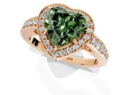 Bezel-Framed Halo Engagement Ring Setting for Fancy Green Heart-Shaped Center with Pave Band and Prong Head in Rose Gold