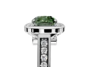 Halo Engagement Ring Setting for Fancy Green Cushion Cut Center with Outer Bezel Rim, Pave Band and Prong Head in White Gold