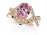 Halo Engagement Ring Setting for Fancy Pink Oval Center with Pave Infinity Twist Band and Prong Head in Rose Gold