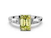 3 Stone Engagement Ring Setting for Fancy Yellow Emerald Cut Center with Baguette Accents and Prong Head in Platinum