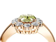 Halo Engagement Ring Setting for Fancy Yellow Oval Center with Milgrain Channel Band and Prong Head in Rose Gold