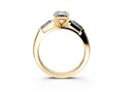 3 Stone Engagement Ring Setting for Emerald Cut Center with Tapered Baguettes, Plain Band and Prong Head in Yellow Gold