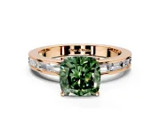 Solitaire Engagement Ring Setting for Fancy Green Cushion Cut Center with Channel Baguette Band and Prong Head in Rose Gold