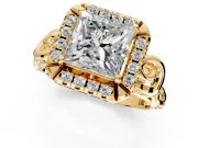 Halo Engagement Ring Setting for Princess Cut Center with Open Scroll Shoulders and Prong Head in Yellow Gold