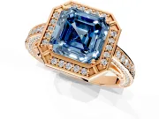 Halo Engagement Ring Setting for Fancy Blue Asscher Cut Center with Framed Halo, Pave Band and Prong Head in Rose Gold