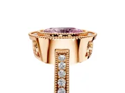 Halo Engagement Ring Setting for Fancy Pink Oval Center with Milgrain Halo, Pave Band and Prong Head in Rose Gold