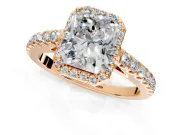 Halo Engagement Ring Setting for Radiant Cut Center with Full Pave Band and Prong Head in Rose Gold