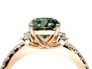 Paired Accent Engagement Ring Setting for Fancy Green Cushion Cut Center with Pave Band and Prong Head in Rose Gold