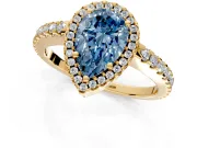 Accent Halo Engagement Ring Setting for Fancy Blue Pear-Shaped Center with Full-Length Pave Band and Prong Head in Yellow Gold