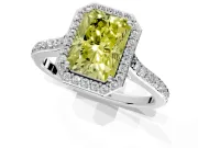 Halo Engagement Ring Setting for Fancy Yellow Radiant Cut Center with Pave Accents, Heart Basket and Prong Head in Sterling Silver