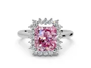 Starburst Halo Engagement Ring Setting for Fancy Pink Radiant Cut Center with Thin Round-Wire Band and Prong Head in Platinum