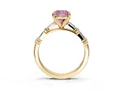Baguette Engagement Ring Setting for Fancy Pink Cushion Cut Center with Alternating Bar-Set Band and Prong Head in Yellow Gold