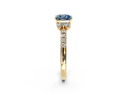 Paired Accent Engagement Ring Setting for Fancy Blue Cushion Cut Center with Pave Band and Prong Head in Yellow Gold