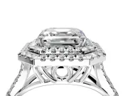 Double Halo Engagement Ring Setting for Asscher Cut Center with Narrow Pave Split Shank and Prong Head in Platinum