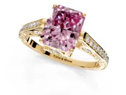 Cathedral Engagement Ring Setting for Fancy Pink Radiant Cut Center with Antique-Style Pave Band and Prong Head in Yellow Gold