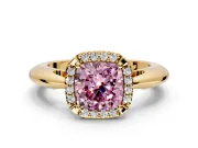Halo Engagement Ring Setting for Fancy Pink Cushion Cut Center with Tapered Plain Band and Prong Head in Yellow Gold