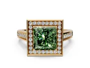 Halo Engagement Ring Setting for Fancy Green Princess Cut Center with Outer Bezel Rim, Pave Band and Prong Head in Yellow Gold
