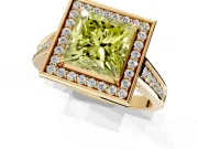 Halo Engagement Ring Setting for Fancy Yellow Princess Cut Center with Outer Bezel Rim, Pave Band and Prong Head in Yellow Gold