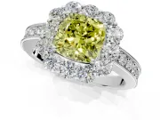 Halo Engagement Ring Setting for Fancy Yellow Cushion Cut Center with Milgrain Channel Band and Prong Head in Platinum