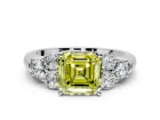 Cluster Engagement Ring Setting for Fancy Yellow Asscher Cut Center with Round Cut Accent Frame and Prong Head in Platinum