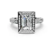 Halo Engagement Ring Setting for Emerald Cut Center with Framed Halo, Pave Band and Prong Head in Sterling Silver