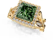 Halo Engagement Ring Setting for Fancy Green Princess Cut Center with Leaf Motif Split Shank and Prong Head in Yellow Gold