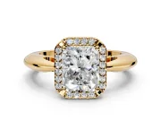 Halo Engagement Ring Setting for Radiant Cut Center with Tapered Plain Band and Prong Head in Yellow Gold