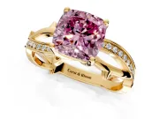 Solitaire Engagement Ring Setting for Fancy Pink Cushion Cut Center with Pave and Plain Crossover Band and Prong Head in Yellow Gold