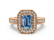 Milgrain Halo Engagement Ring Setting for Fancy Blue Emerald Cut Center with Pave Band and Prong Head in Rose Gold