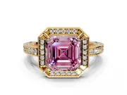 Halo Engagement Ring Setting for Fancy Pink Asscher Cut Center with Framed Halo, Pave Band and Prong Head in Yellow Gold