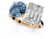 Fancy Blue Round Cut and Emerald Cut Lab-Grown Diamond Toi et Moi Engagement Ring with Prong-Set Stones in Rose Gold