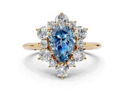 Small-Accent Cluster Halo Engagement Ring Setting for Fancy Blue Pear-Shaped Center with Plain Band and Prong Head in Yellow Gold