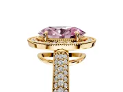 Milgrain Halo Engagement Ring Setting for Fancy Pink Oval Center with Three-Sided Pave Band and Prong Head in Yellow Gold