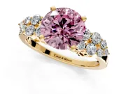 Cluster Engagement Ring Setting for Fancy Pink Round Cut Center with 2-Row Shoulder Clusters and Prong Head in Yellow Gold
