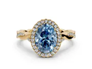 Halo Engagement Ring Setting for Fancy Blue Oval Center with Twist Band and Prong Head in Yellow Gold