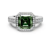Milgrain Halo Engagement Ring Setting for Fancy Green Asscher Cut Center with Pave Band and Prong Head in Sterling Silver