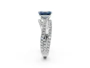 Solitaire Engagement Ring Setting for Fancy Blue Emerald Cut Center with Woven 3-Strand Pave Band and Prong Head in White Gold