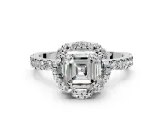Halo Engagement Ring Setting for Asscher Cut Center with Openwork Halo, Pave Band and Prong Head in White Gold