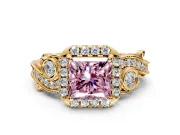 Bypass Halo Engagement Ring Setting for Fancy Pink Princess Cut Center with Bezel Accents, Milgrain and Prong Head in Yellow Gold
