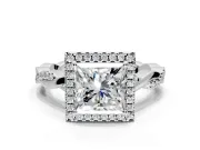 Halo Engagement Ring Setting for Princess Cut Center with Pave and Plain Twist Band and Prong Head in Platinum
