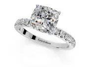 Open Basket Engagement Ring Setting for Cushion Cut Center with Pave Band and Prong Head in Platinum