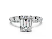 Solitaire Engagement Ring Setting for Emerald Cut Center with Micro Pave Band and Prong Head in Sterling Silver