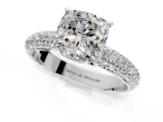 Solitaire Engagement Ring Setting for Cushion Cut Center with Domed Multi-Row Pave Band and Prong Head in Platinum