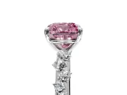 Cluster Engagement Ring Setting for Fancy Pink Cushion Cut Center with Round Cut Accent Band and Prong Head in Platinum