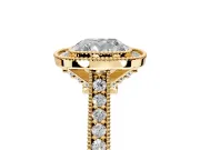 Halo Engagement Ring Setting for Cushion Cut Center with Milgrain Pave Band and Bezel Head in Yellow Gold