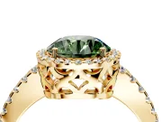Accent Halo Engagement Ring Setting for Fancy Green Round Cut Center with Full-Length Pave Band and Prong Head in Yellow Gold